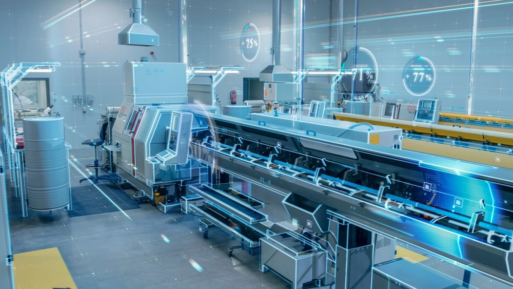 Futuristic,Concept:,Blurry,Factory,Digitalization,With,Information,Showing,Efficiency,Percentage
